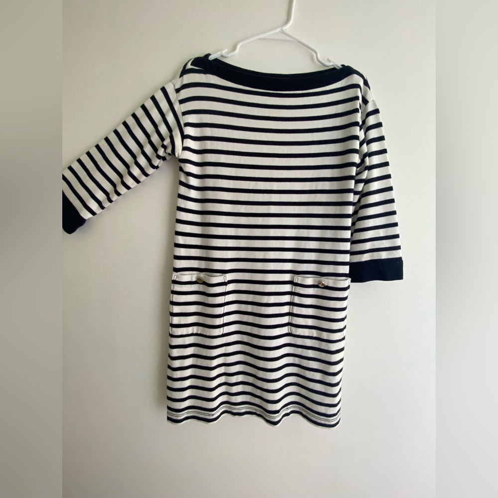 Navy/White stripe shift dress with front square pockets